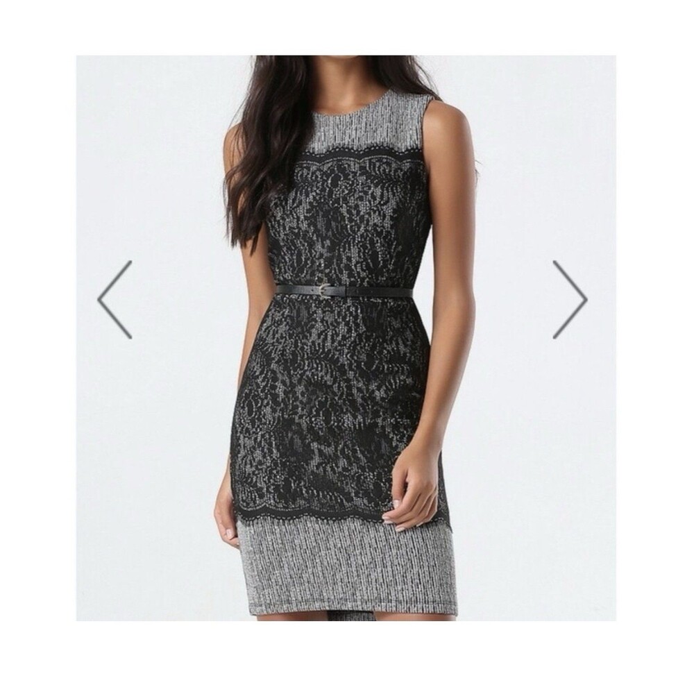Bebe LACE CONTRAST JACQUARD MIDI Dress Jet Black Size M NWT $159 Career Office